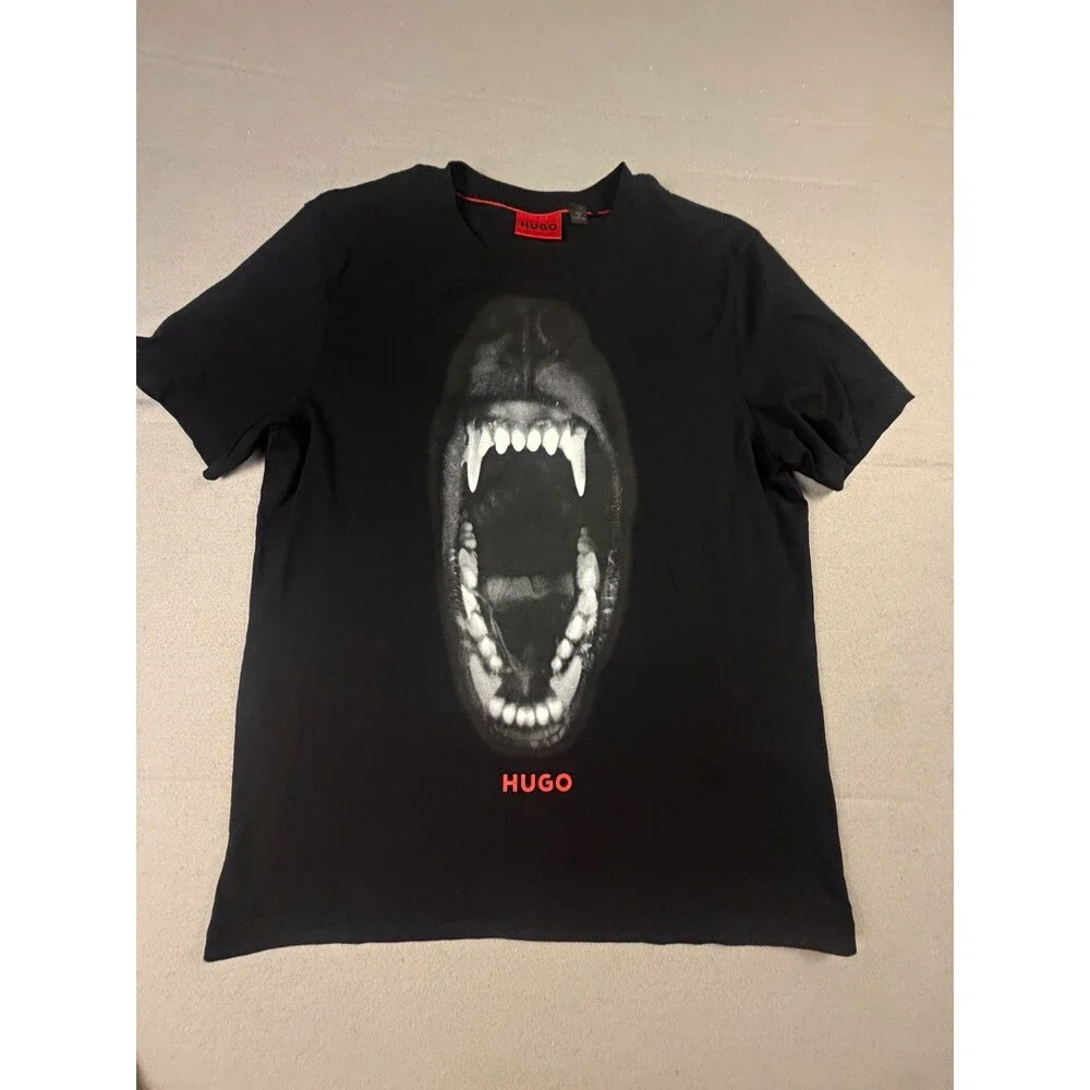 HUGO Men's Black Graphic Logo Print Crew Neck Short Sleeve T-Shirt Regular M